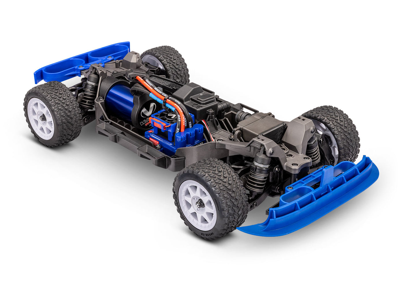 Mini Rally VXL Ford RS200 remote control car by Traxxas, showing a blue 3-quarter chassis view of the miniature rally vehicle.