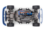 Overhead view of the blue Traxxas Mini Rally VXL Ford RS200 remote control car chassis with detailed components.