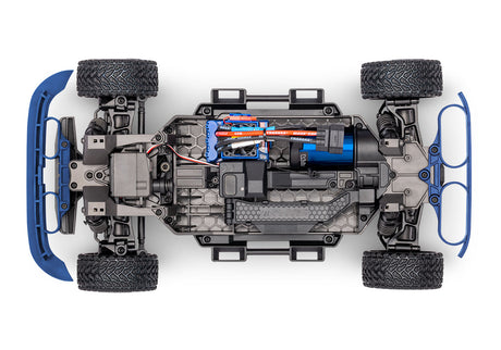 Overhead view of the blue Traxxas Mini Rally VXL Ford RS200 remote control car chassis with detailed components.