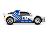 Traxxas Mini Rally VXL Ford RS200 remote control car viewed from the side on a white background.