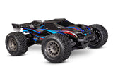 Traxxas Mini XRT VXL remote control truck with blue body, front view showing detailed wheels and sleek design.