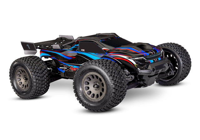 Traxxas Mini XRT VXL remote control truck with blue body, front view showing detailed wheels and sleek design.
