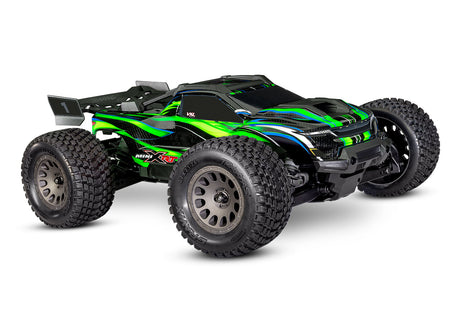 Traxxas Mini XRT VXL remote control truck with green body, front view showing detailed design and off-road tires.