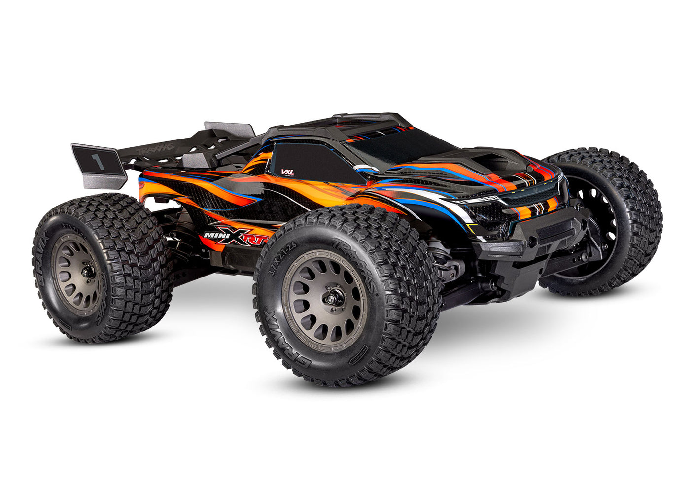 Orange Traxxas Mini XRT VXL remote control truck with detailed front view and rugged off-road tires.