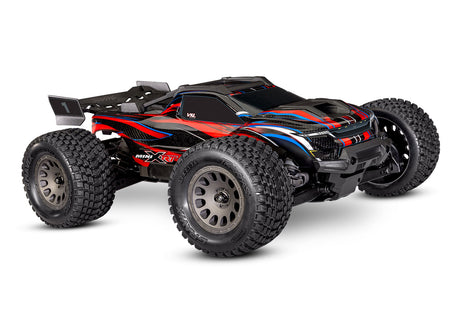 Red Traxxas Mini XRT VXL radio-controlled truck viewed from the front quarter angle.