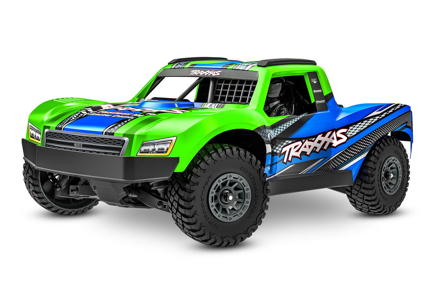 Green Traxxas Mini Slash 4X4 RC truck viewed from front left angle, showcasing its compact off-road vehicle design.