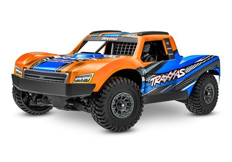 Traxxas Mini Slash 4X4 RC truck in orange, front left view showing detailed body and off-road tires.