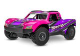 Pink Traxxas Mini Slash 4X4 RC truck shown from front left angle, highlighting its compact size and rugged design.