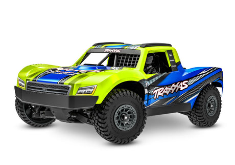 Traxxas Mini Slash 4X4 RC truck shown from front-left angle with yellow body and off-road tires.