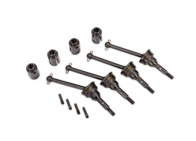 Traxxas steel CV driveshaft assemblies and drive cups for RC cars, featuring durable metal construction and precision fit.