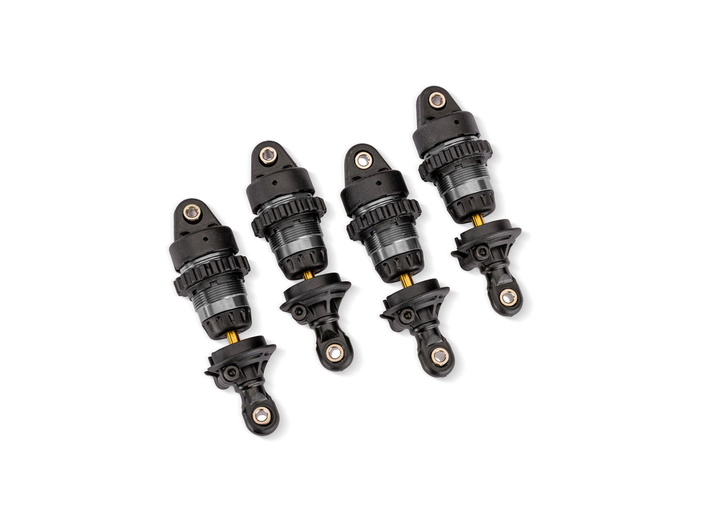 Gray aluminum mini GTR short shocks for Traxxas RC cars, shown in a close-up image highlighting their compact design.