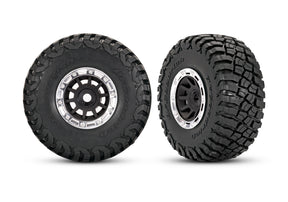 Traxxas 1.4-inch black and chrome wheels with BFG mud-terrain tires for remote control cars, shown with detailed tread and finish