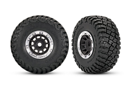 Traxxas black and chrome 1.4-inch wheels with BFG mud-terrain tires for RC trucks, shown in the image.