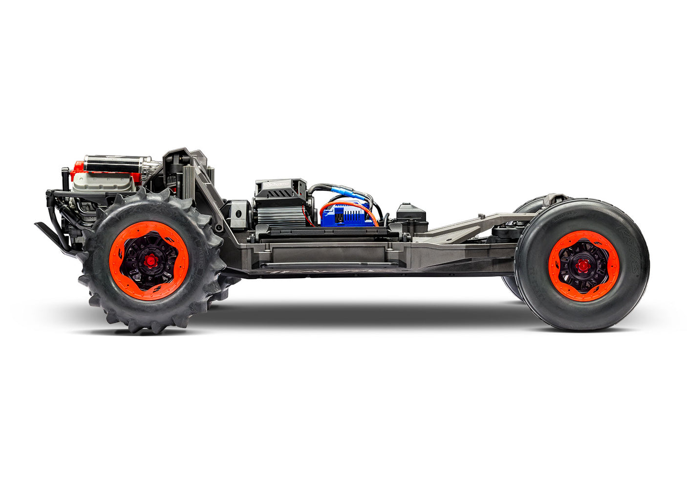 Traxxas Pro Scale Sand Car chassis shown from the side, featuring detailed construction and off-road racing design.