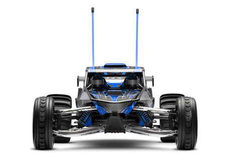 Traxxas Pro Scale Sand Car in blue, front view showing detailed off-road design and sturdy build for high-performance racing.