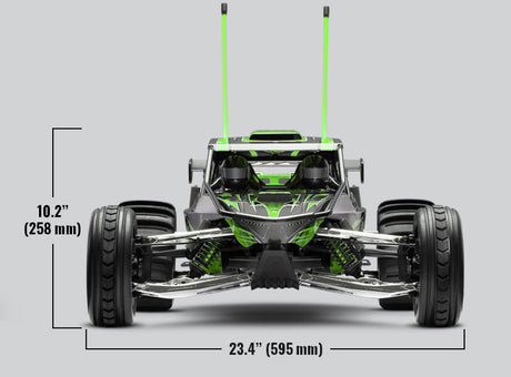 Green Traxxas Pro Scale Sand Car with detailed front view, showcasing its rugged design and off-road features.