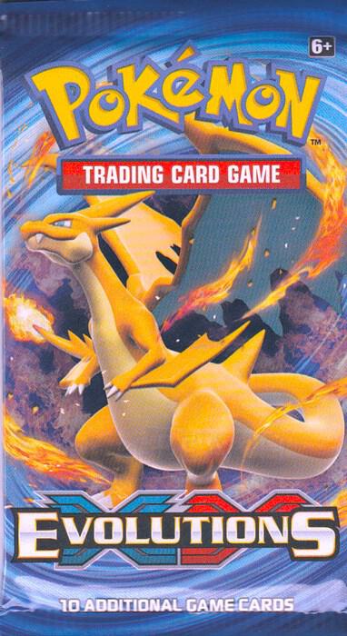 Pokémon TCG Evolutions Booster Pack with colorful cards featuring Pikachu, Charizard, and other classic Pokémon characters.