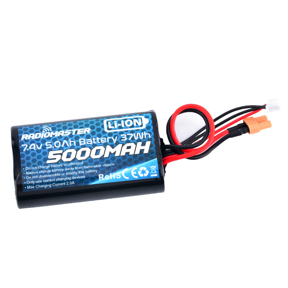 RadioMaster 5000mAh Li-ion battery with black casing and label, designed for radio controller or drone applications.