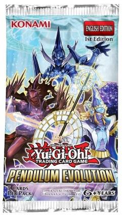 Konami Yu-Gi-Oh! Pendulum Evolution Booster Pack of collectible trading cards showing colorful card artwork and packaging.