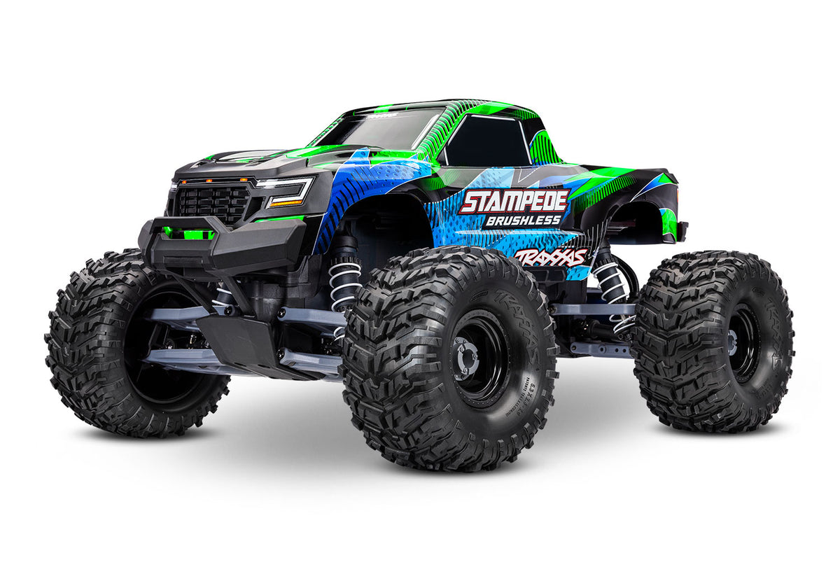 Traxxas Stampede 2WD Brushless RC truck with green body, front view showing large tires and detailed chassis.