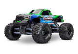 Traxxas Stampede 2WD Brushless RC truck with green body, front view showing large tires and detailed chassis.