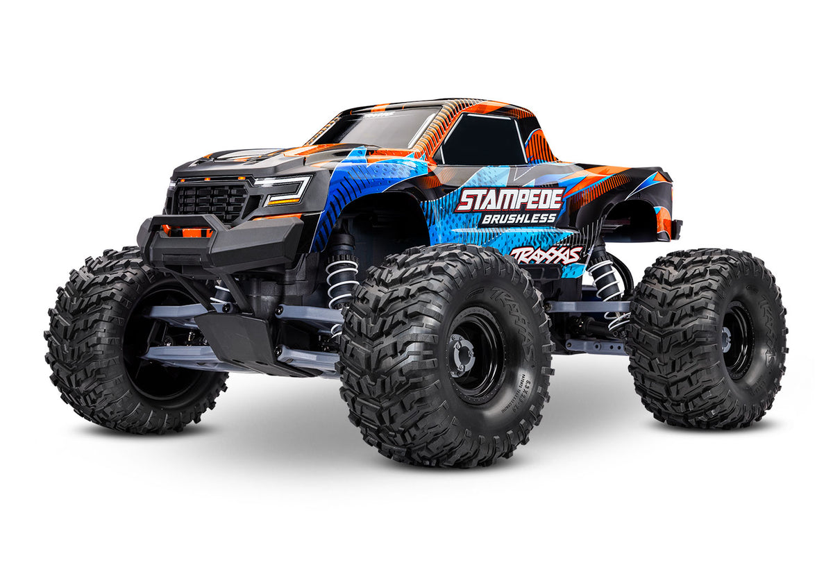 Traxxas Stampede 2WD Brushless RC truck with orange body, front view showing rugged tires and detailed chassis.