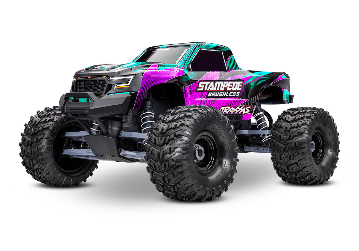 Traxxas Stampede 2WD Brushless RC truck with pink body, front view showing off its rugged design and detailed features.