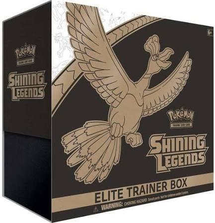 Pokémon Shining Legends Elite Trainer Box featuring Pokémon TCG booster packs, card sleeves, and accessories on a white background.