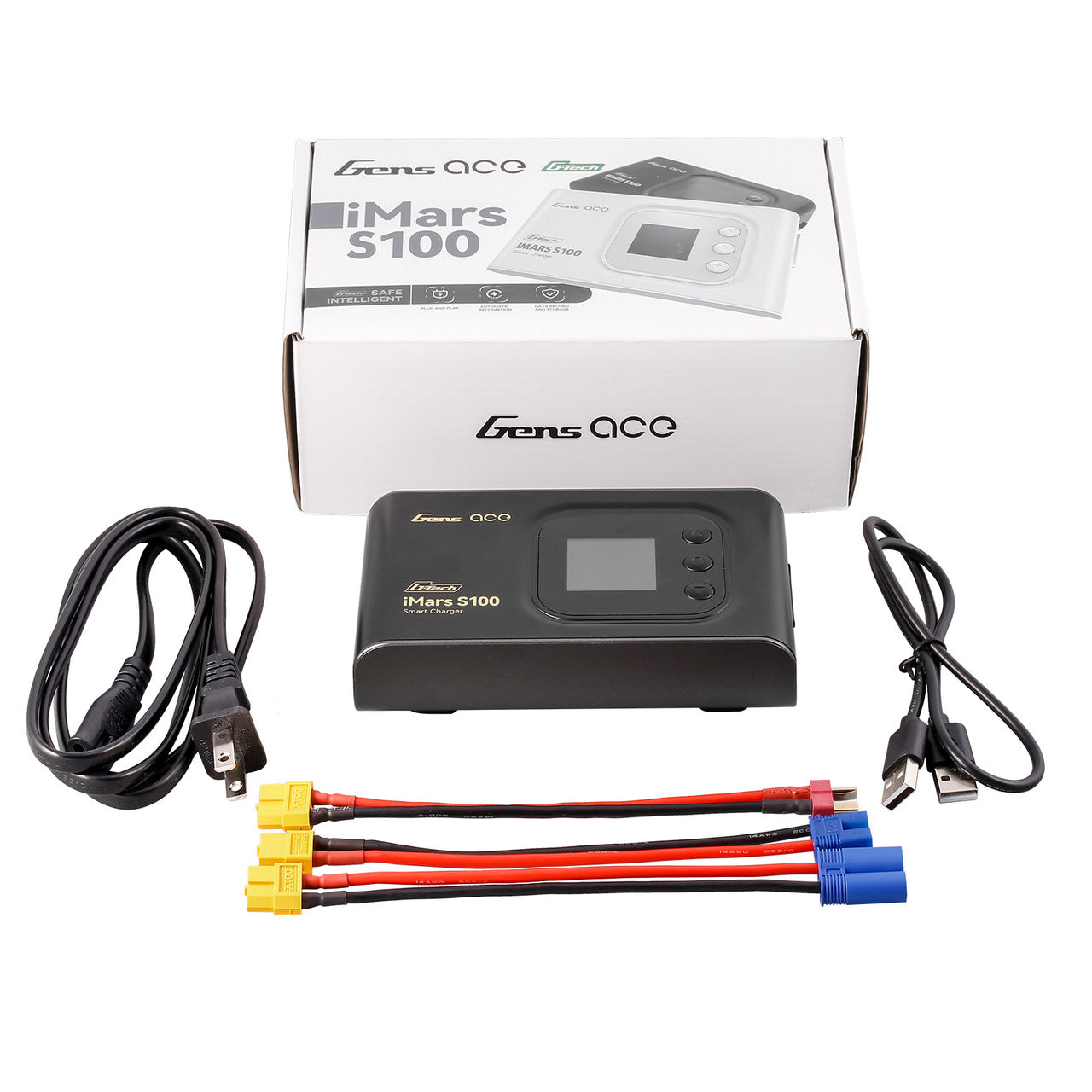 Gens Ace iMars S100 G-Tech AC Balance RC Car battery smart charger with digital display and charging ports.