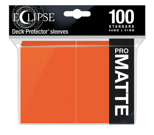 Ultra Pro Eclipse Matte Standard Deck Protector Sleeves in pumpkin orange, 100-count, used for safeguarding trading cards.
