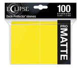 Ultra Pro Eclipse Matte Standard Deck Protector Sleeves in lemon yellow, front view showing packaging and design details.