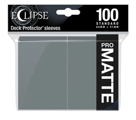 Ultra Pro Eclipse Matte Standard Deck Protector Sleeves in smoke grey, stacked in a 100-count package for card protection.