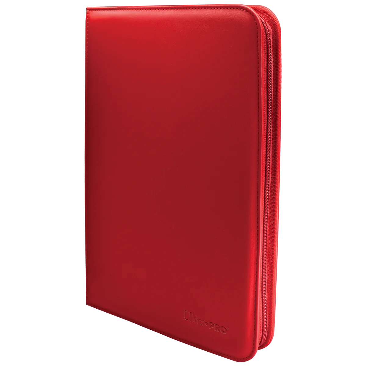 Red Ultra Pro Vivid 9-Pocket Zippered PRO-Binder showing its zipper closure and colorful interior pages for trading cards.