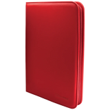 Red Ultra Pro Vivid 9-Pocket Zippered PRO-Binder showing its zipper closure and colorful interior pages for trading cards.