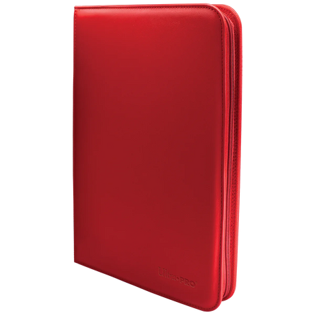 Red Ultra Pro Vivid 9-Pocket Zippered PRO-Binder showing its zipper closure and colorful interior pages for trading cards.