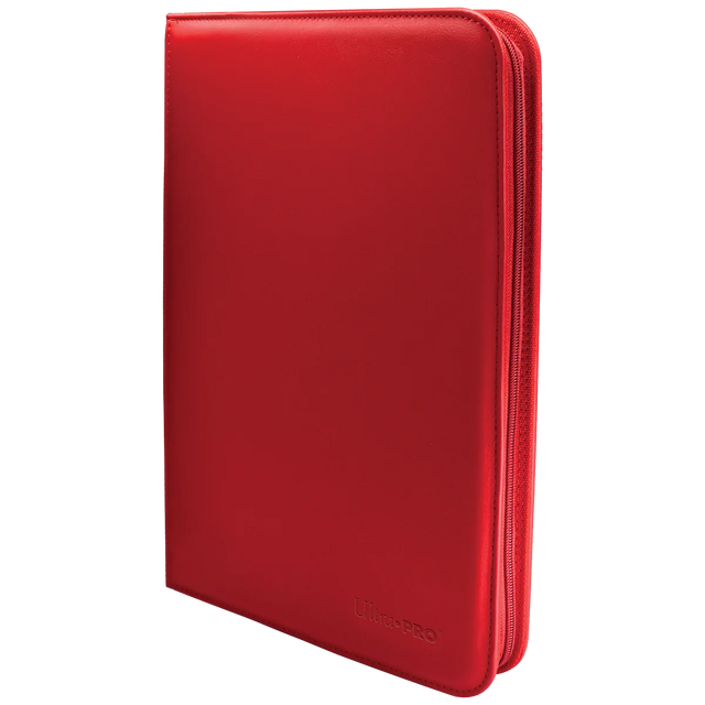 Red Ultra Pro Vivid 9-Pocket Zippered PRO-Binder showing its zipper closure and colorful interior pages for trading cards.