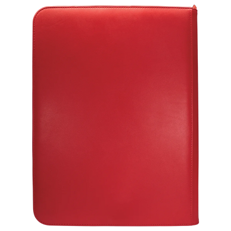 Red Ultra Pro Vivid 9-Pocket Zippered PRO-Binder with clear pockets and zipper closure for organizing trading cards or collectibles.