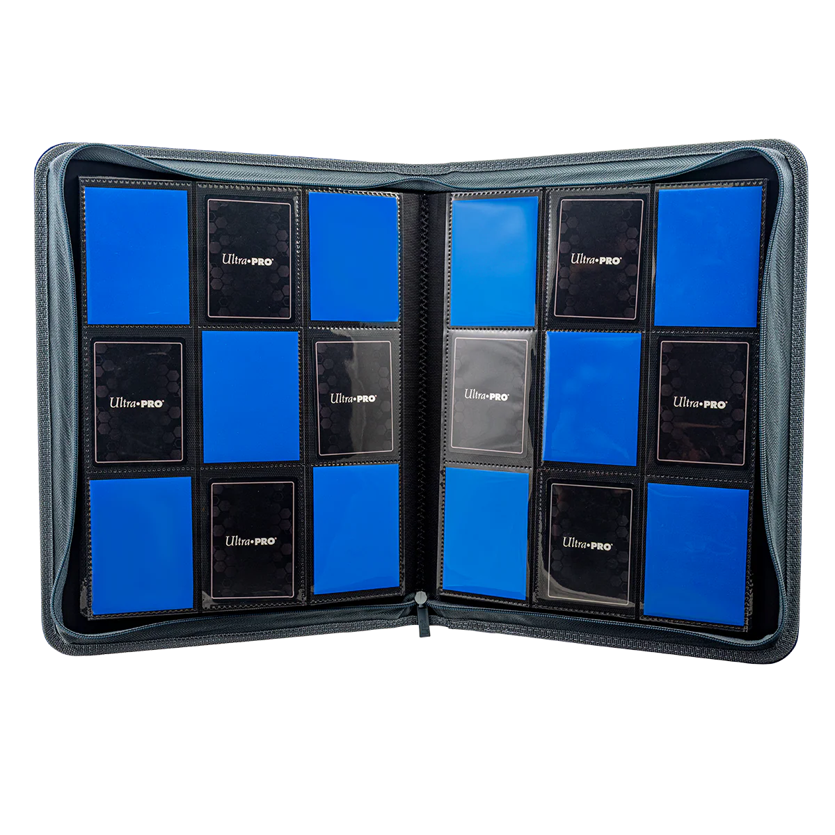 Open Ultra Pro 9-Pocket Zippered Pro Binder Vivid Deluxe in blue showing clear plastic sleeves for collectible cards.