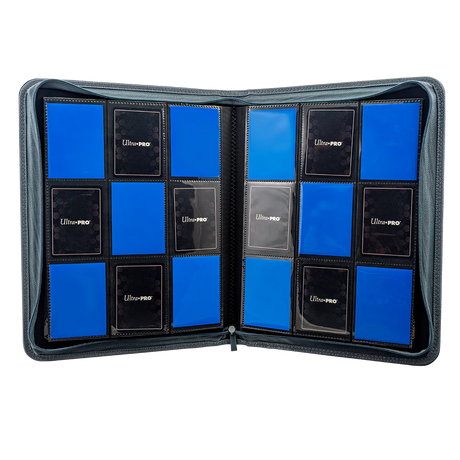 Open Ultra Pro 9-Pocket Zippered Pro Binder Vivid Deluxe in blue showing clear plastic sleeves for collectible cards.