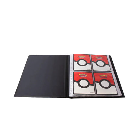 Pokemon Ultra Pro Phantasmal Flames 4-pocket binder open, featuring vibrant flames design and multiple card slips inside.