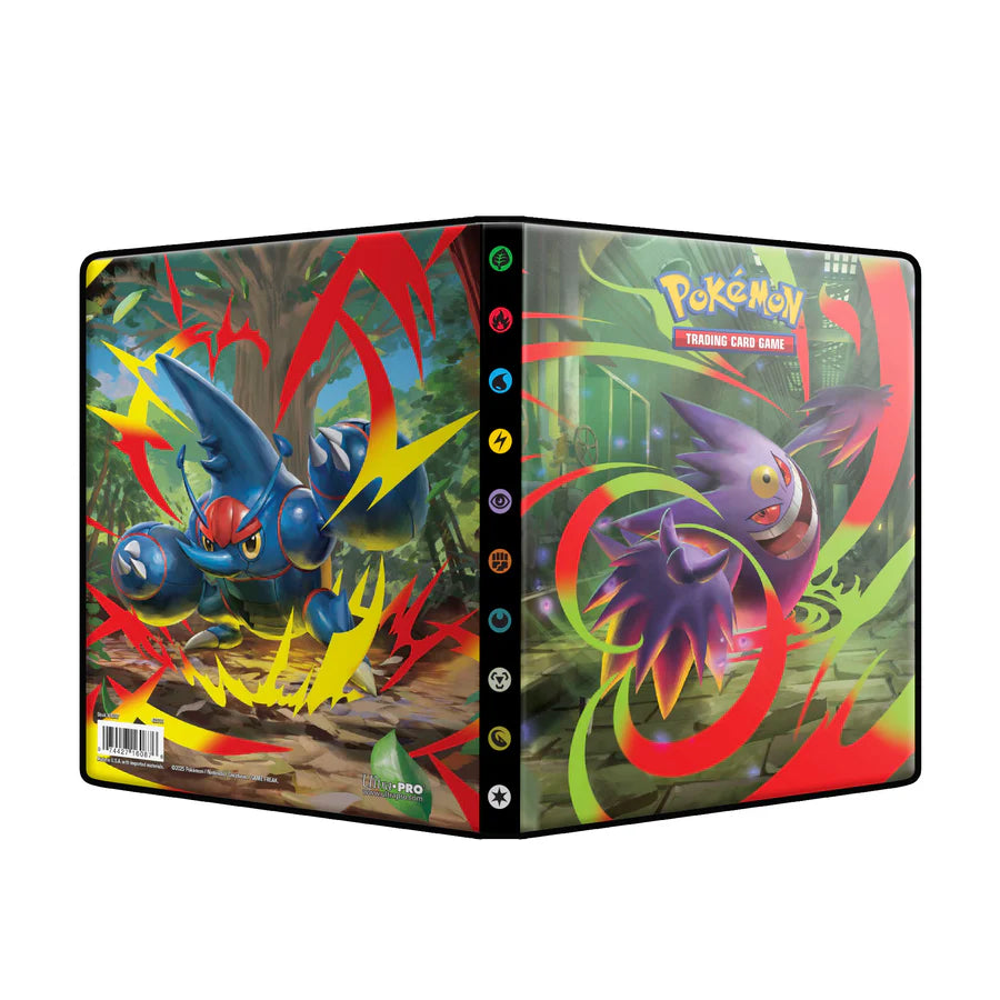 Pokemon Ultra Pro Phantasmal Flames 4-pocket binder with fiery flame design and Pokémon branding for storing trading cards