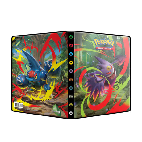 Pokemon Ultra Pro Phantasmal Flames 4-pocket binder with fiery flame design and Pokémon branding for storing trading cards