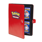 Ultra Pro premium red 4-pocket snap binder for Pokémon cards, shown from an angled view with secure snap closure.