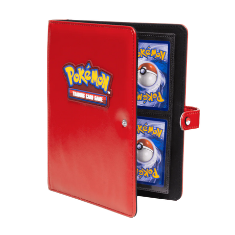 Ultra Pro premium red 4-pocket snap binder for Pokémon cards, shown from an angled view with secure snap closure.