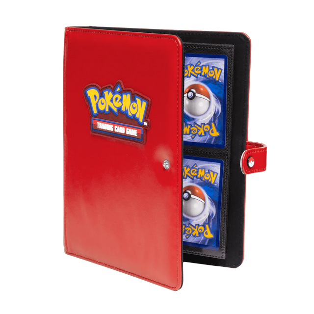 Ultra Pro premium red 4-pocket snap binder for Pokémon cards, shown from an angled view with secure snap closure.