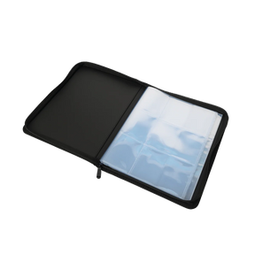 Open Ultra Pro 9-pocket zippered PRO-Binder showing clear plastic sleeves for organizing trading cards or collectibles.