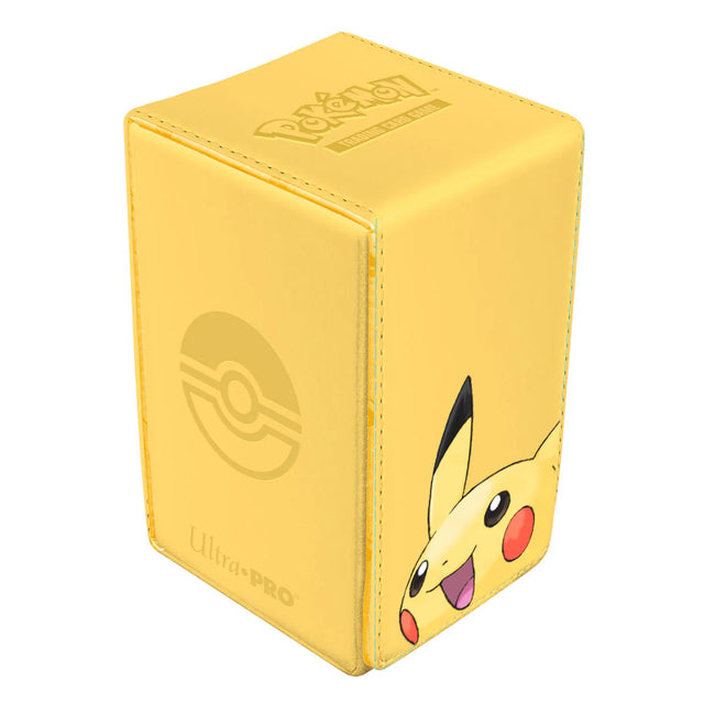 Closed Ultra Pro Pikachu Alcove Tower Deck Box for card storage, featuring a Pikachu design and durable construction.