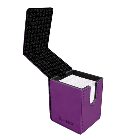 Open Ultra Pro Elite Series Gengar deck box for trading cards, featuring a black and purple design with Gengar artwork.
