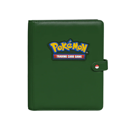 Ultra Pro premium green Pokémon 4-pocket snap binder with front view showing clear pockets and sturdy design for trading cards.