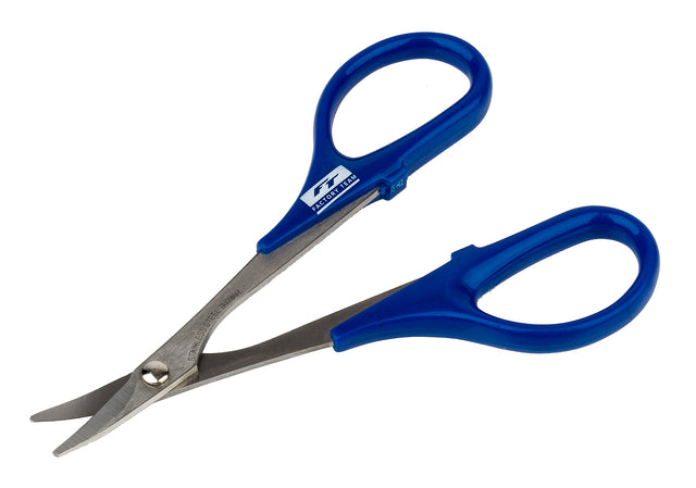 Factory Team curved body scissors for RC cars, lightweight metal tool for precise body trimming and shaping.